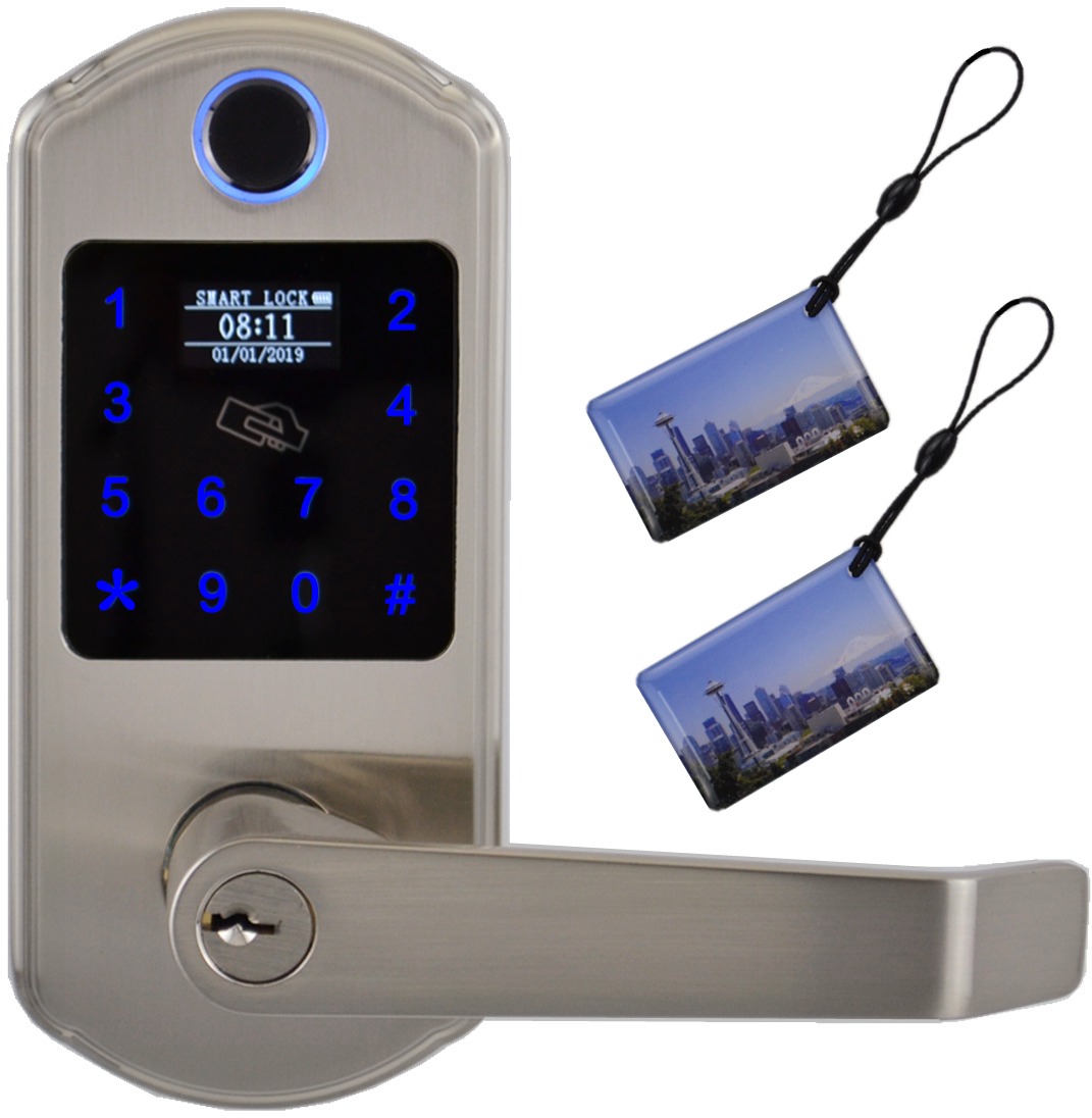 Waterrproof Fingerprint Touchscreen Keypad Door Lock With LCD Dispaly, RFID Card Reader and Keys 